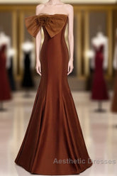 Noble And Unique Chocolate Sleeveless Evening Prom Dresses Chocolate Mermaid Strapless Tulle Butterfly Knot Dew Back Strap Long And Floor Evening Dresses